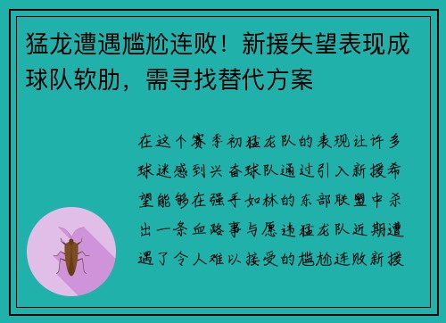 猛龙遭遇尴尬连败！新援失望表现成球队软肋，需寻找替代方案